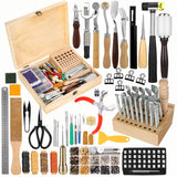 424 Pcs Leather Working Tools Leather Tools and Supplies with Instructions, Sewing Kit, Tool Holder, Wooden Storage Box, Stamping Set JUPEAN