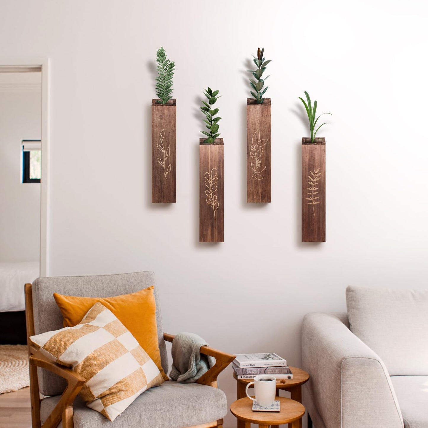 4 Pack Wood Indoor Wall Planter, Modern Wall Decor for Living Room Bedroom, Farmhouse Pocket Wall Vases for Dried Flowers and Faux Greenery Plants - Brown