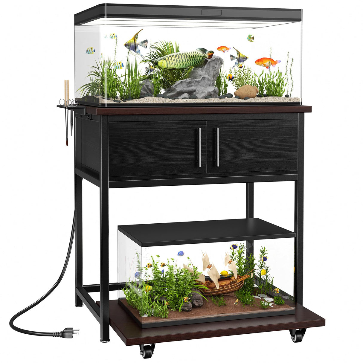 20-29 Gallon Fish Tank Stand with Power Outlet and Storage Cabinet,Aquarium Stand with Slide-Out Fish Tank Shelf,Heavy Duty Metal Frame and Waterproof Wood,31.5" L x 15.7" W 770LBS Capacity POKIPO
