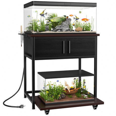 20-29 Gallon Fish Tank Stand with Power Outlet and Storage Cabinet,Aquarium Stand with Slide-Out Fish Tank Shelf,Heavy Duty Metal Frame and Waterproof Wood,31.5" L x 15.7" W 770LBS Capacity POKIPO