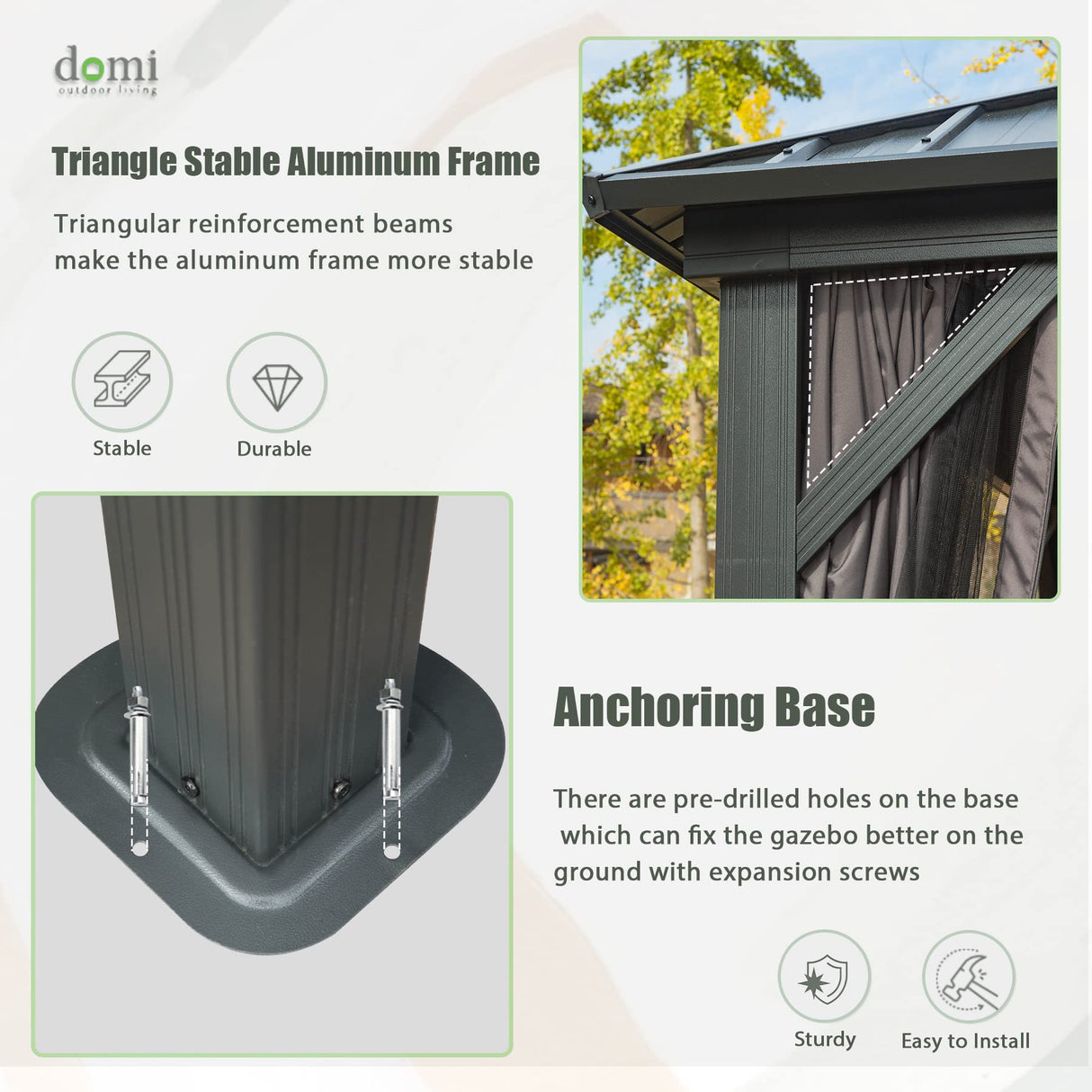 Domi 12’ x 16’ Hardtop Gazebo, Outdoor Aluminum Frame Canopy with Galvanized Steel Double Roof, Outdoor Permanent Metal Pavilion with Curtains and Netting for Patio, Backyard and Lawn, Grey domi outdoor living