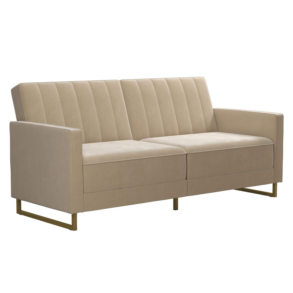 Novogratz Skylar 77 Inch Futon Sofa Bed in Velvet Fabric, Industrial Modern Upholstered Couch Sleeper with Black Metal Legs, Ivory Novogratz
