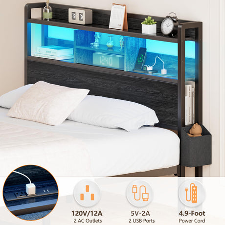 Furnulem Full Size Bed Frame with Wood Headboard, Metal Platform Bed Frame Full Size with Storage Drawers and Shelf, LED Lights and Charging Station, No Box Spring Needed, Noise Free, Black Furnulem