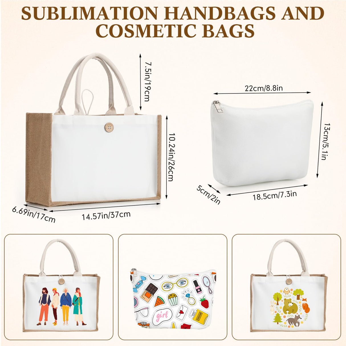 Bulyoou 12 Pcs Sublimation Blank Tote Bags and Makeup Bags Set, Reusable Canvas Polyester Tote Bags for DIY Craft Burlap Gift Bags Makeup Pouches Cosmetic Bags for Women Shopping Grocery Bridesmaids Bulyoou