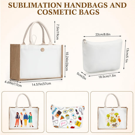 Bulyoou 12 Pcs Sublimation Blank Tote Bags and Makeup Bags Set, Reusable Canvas Polyester Tote Bags for DIY Craft Burlap Gift Bags Makeup Pouches Cosmetic Bags for Women Shopping Grocery Bridesmaids Bulyoou