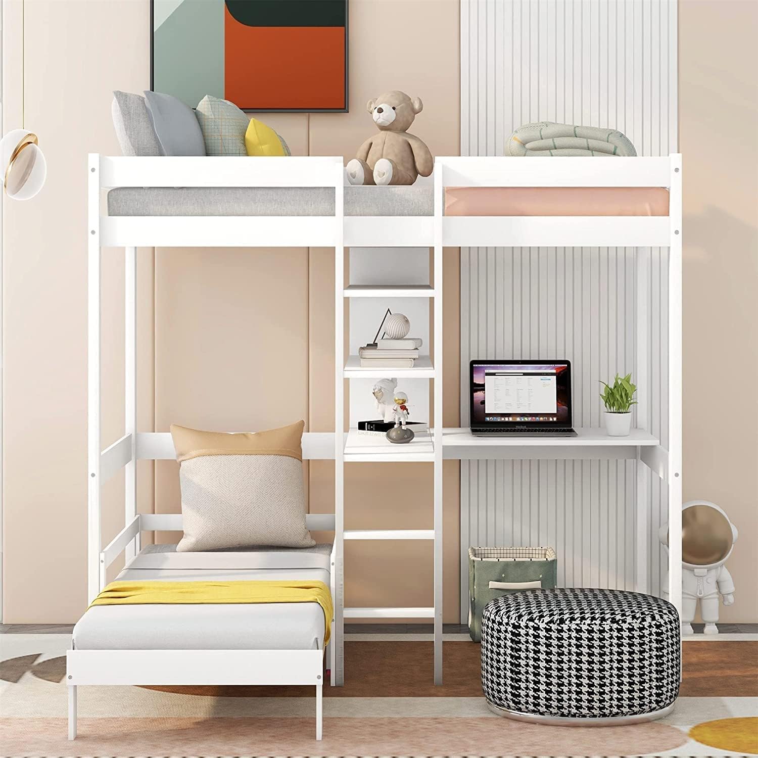 MERITLINE Twin Loft Bed with Versatile Desk and Bookshelf in White - WoodArtSupply