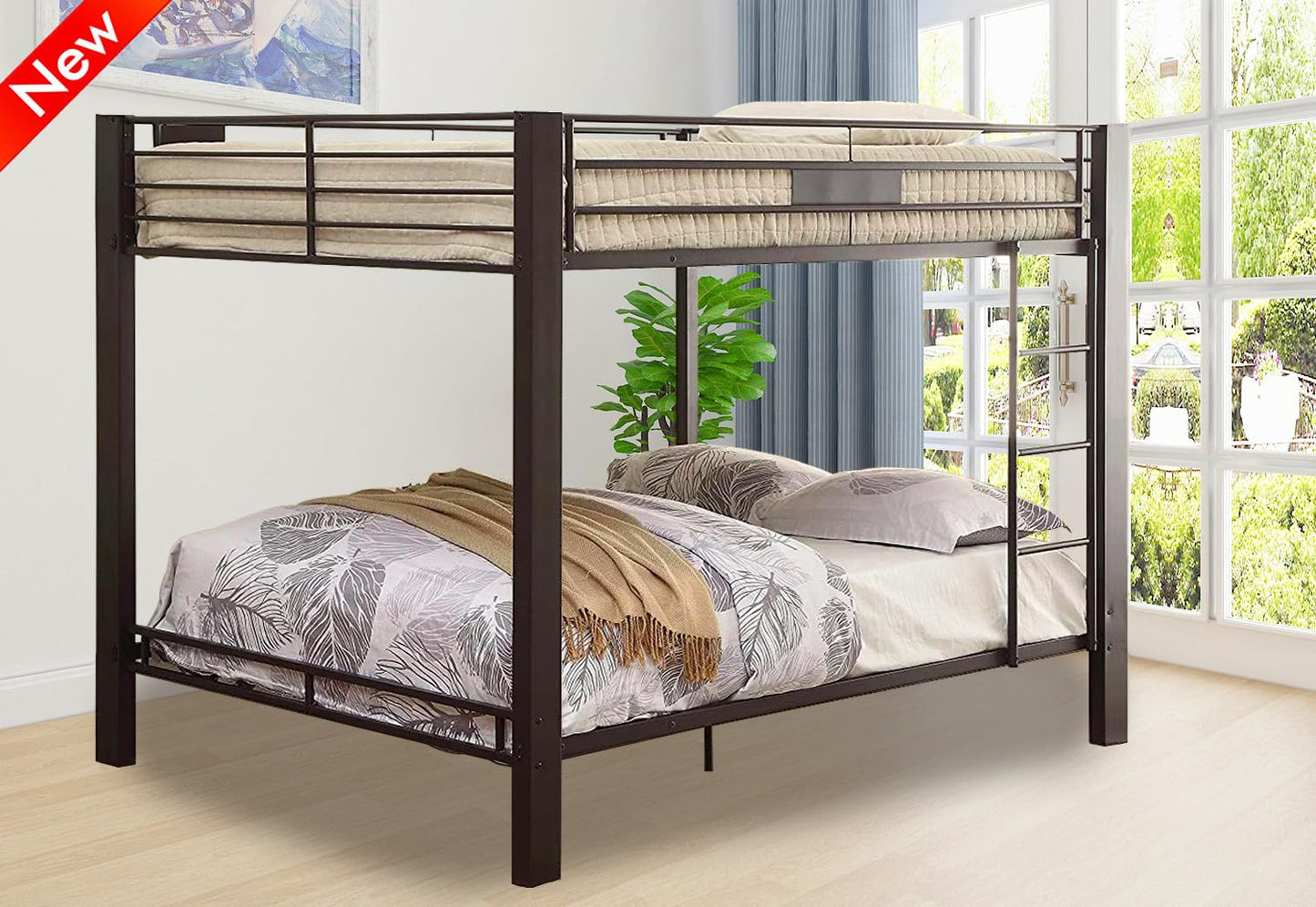 ULUCAN Reinforced Version and Stronger Metal Bunk Bed Queen Over Queen Size, More Stable Heavy Duty More Rust-Proof Steel Bunk Queen Bed with Thickened Legs (Faster Assembly) (Queen Over Queen)