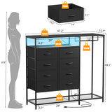 Black Dresser for Bedroom with 8 Drawers and Hanging Rack, 47 Inch Closet Dressers with LED Lights, Shelves & Charging Station, Clothes Storage Organizer Harpaq