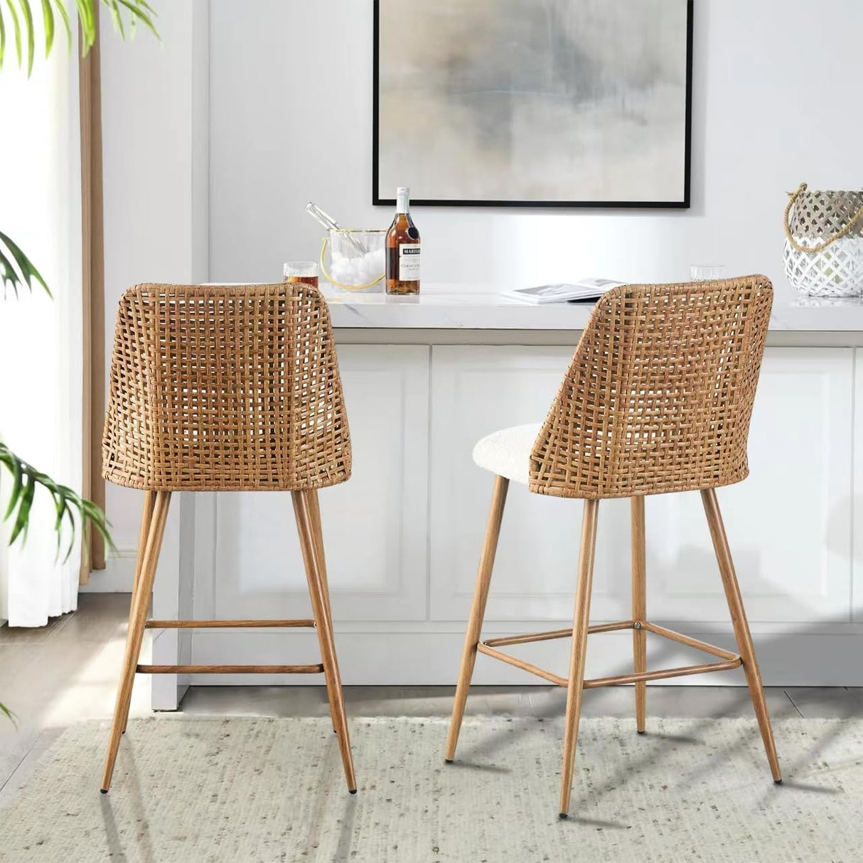 JALOURT Rattan Bar Stools Set of 2, 26 Inches Height Wicker Bar,PE Rattan Stools with Metal Legs,Wicker Bar Stools Set of 2 JALOURT
