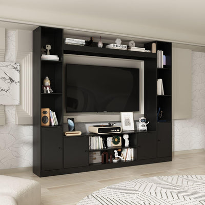 TAMUNE Entertainment Center with Bookshelves Modern Media Center with Open Shelves & Bridge TV Wall Unit with Doors, for Living Room Black (81.1”W x 11.8”D x 70.9”H)