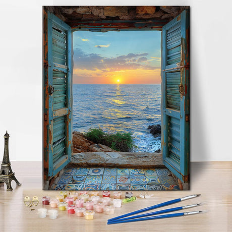 ‌Paint by Numbers Kit for Adults Summer Mediterranean Window Vintage Style DIY Art Painting Set with 16x20 Inch Canvas Acrylic Paints and Brushes Coastal Home Decor Gift TUMOVO