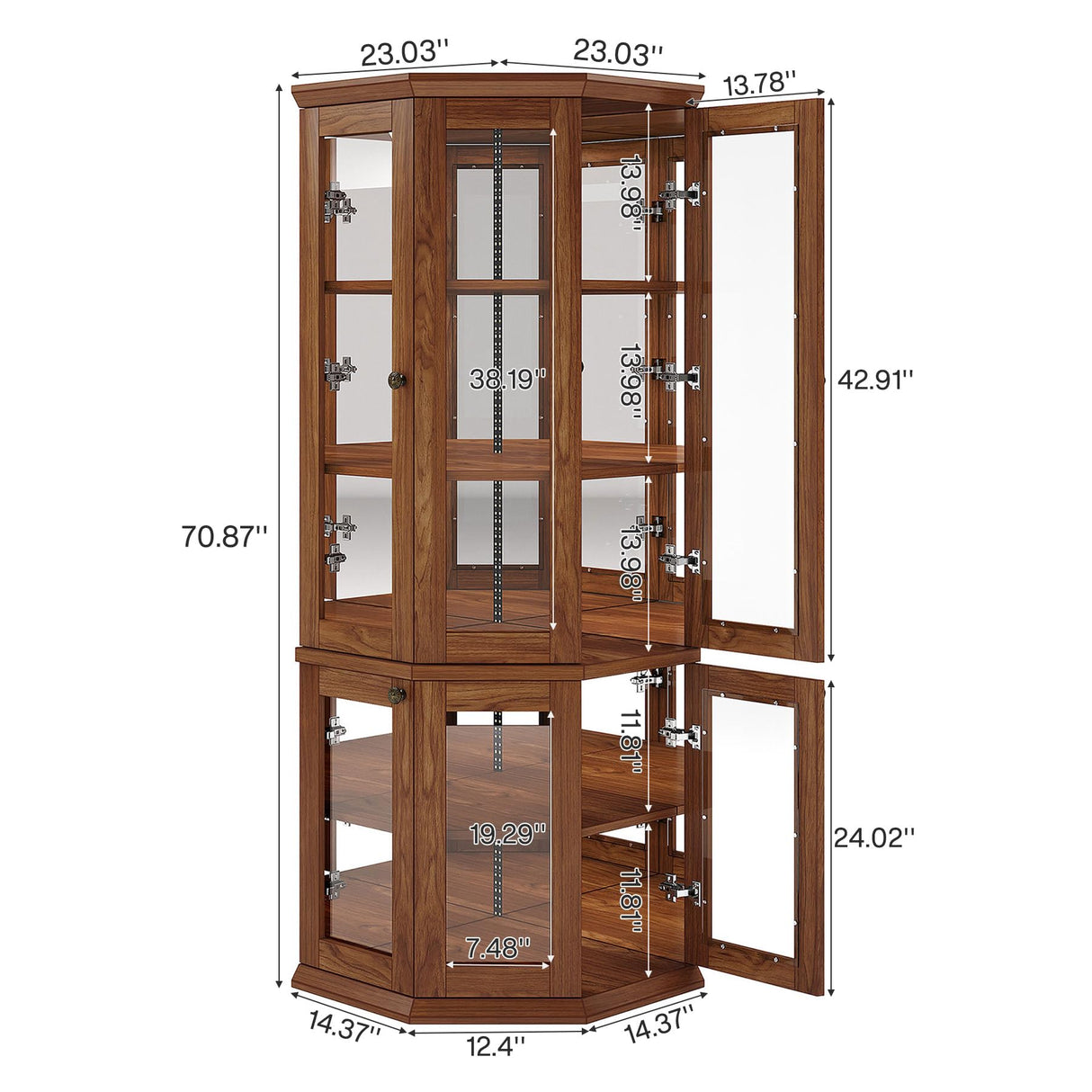 Tribesigns Corner Storage Cabinet, 71" Tall Corner Cabinet with Doors & LED Lights, 5-Tier Mid-Century Display Shelf for Living Room, Kitchen, Walnut Tribesigns