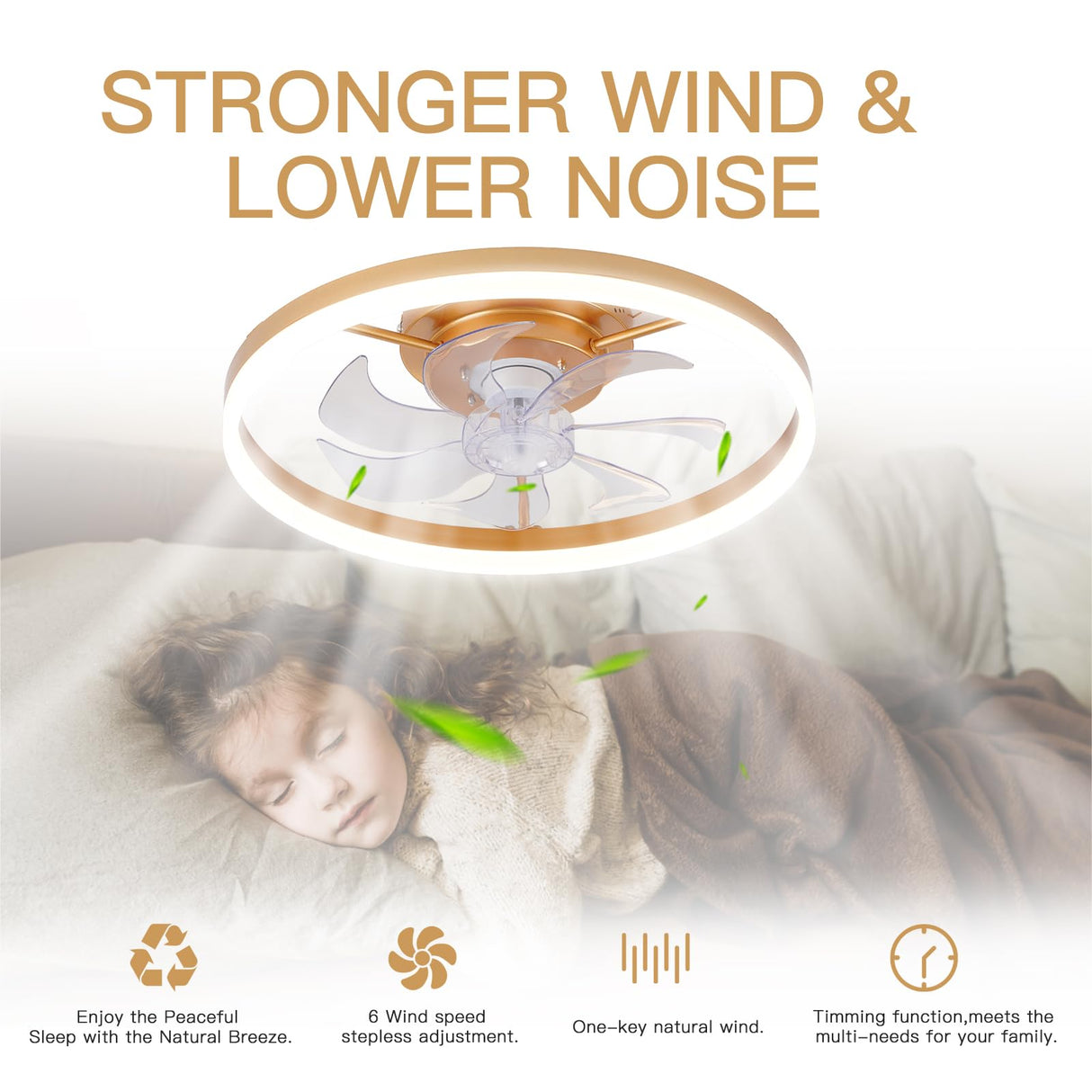 STERREN Modern Gold Ceiling Fans with Lights,20" Dimmable Flush Mount Low Profile Ceiling Fans with Remote Control,Indoor Smart Ceiling Fan with Light for Bedroom STERREN