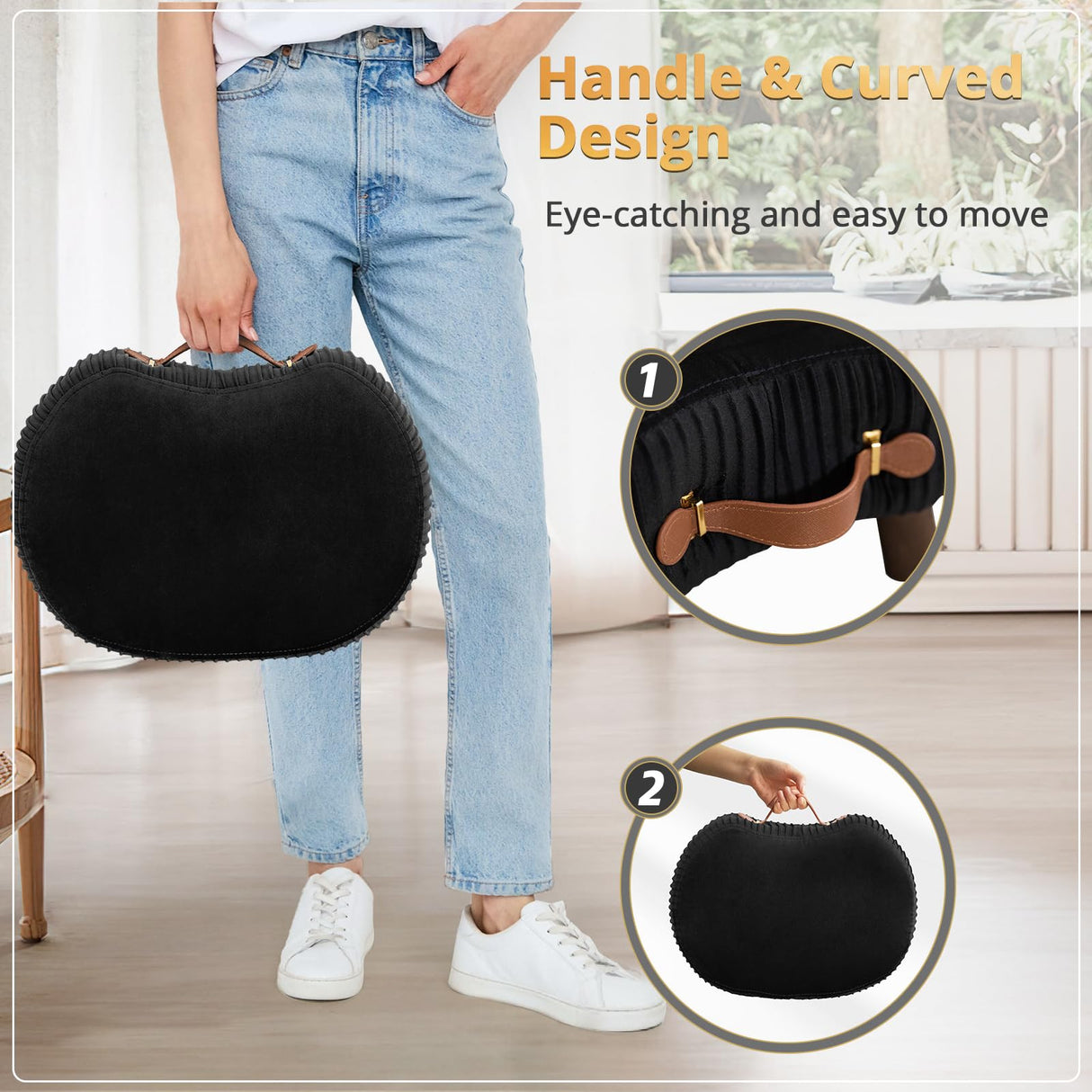 LUE BONA Small Curved Foot Stool with Handle, Black Velvet Footstool and Ottomans, Modern Foot Rest with Wooden Legs, Step Stool with Padded Seat for Couch, Living Room LUE BONA