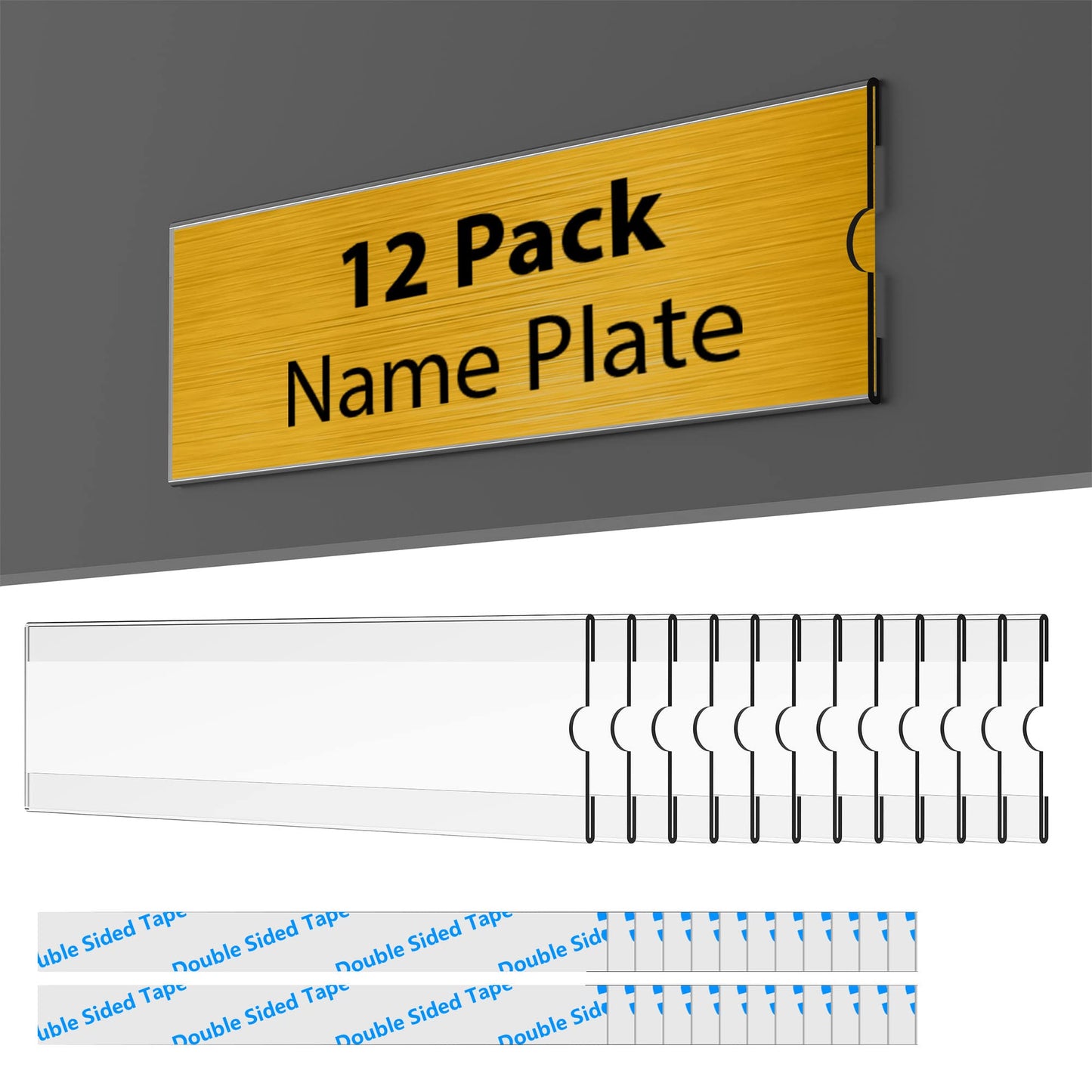 TONICE® 12 Pack 8x2 Wall Nameplate Holders, Acrylic Nameplate Holders, Wall Mount Transparent Nameplate Holders, Office Name Holders.