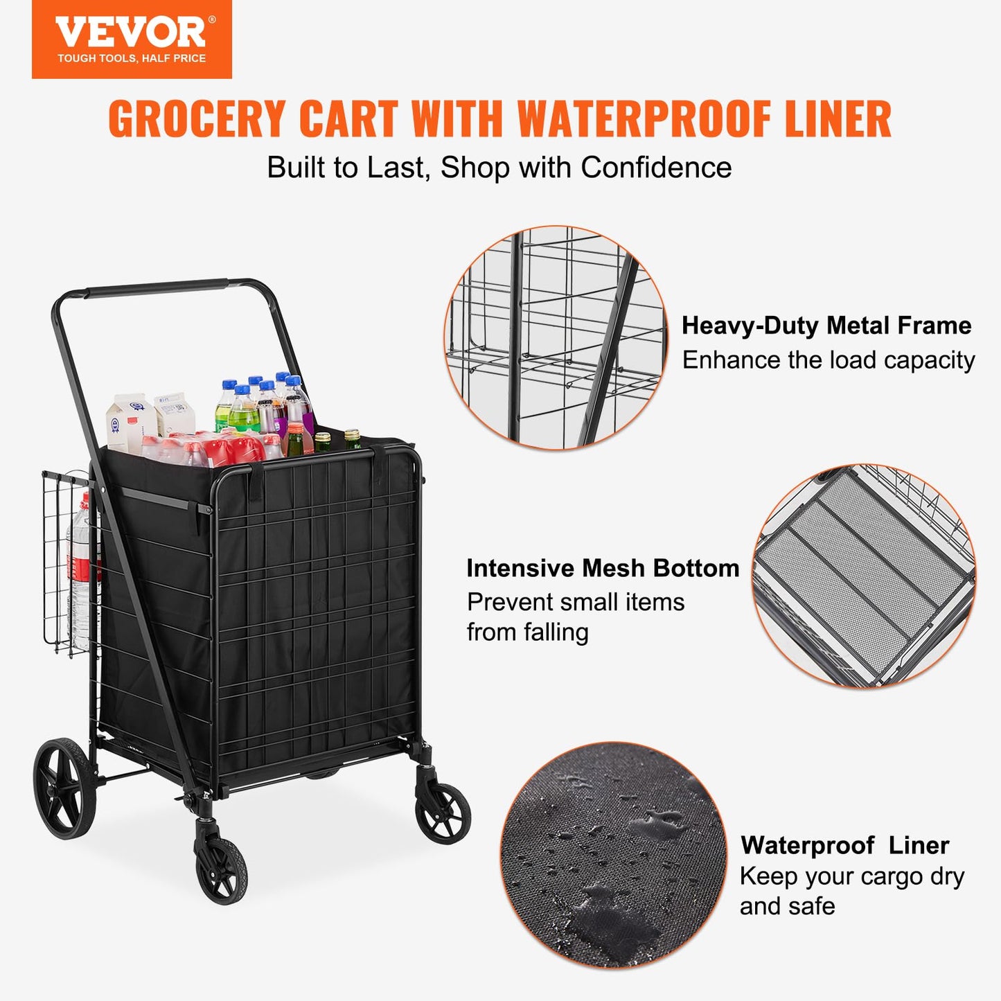 VEVOR Folding Shopping Cart with Removable Waterproof Liner, 330LBS Large Capacity Jumbo Grocery Cart with Dual Basket, 360° Swivel Wheels, Dense Metal Mesh Base, Heavy Duty Utility Cart for  - WoodArtSupply