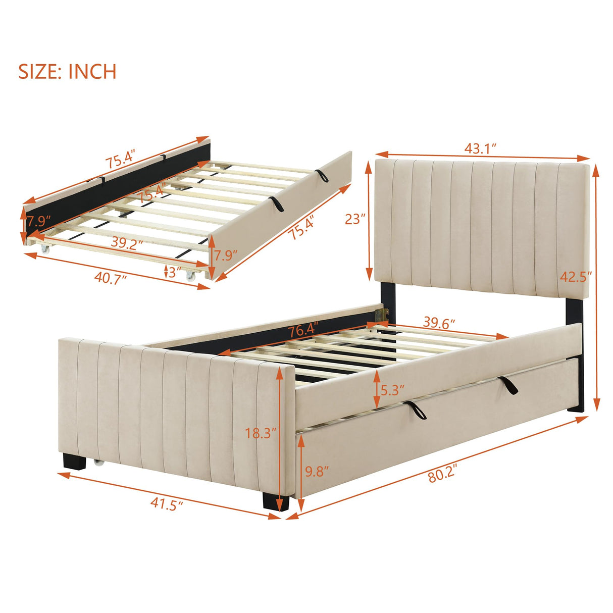 Merax Twin Size Velvet Upholstered Platform Bed, Wood Bed Frame with Twin Size Trundle, Beige Merax