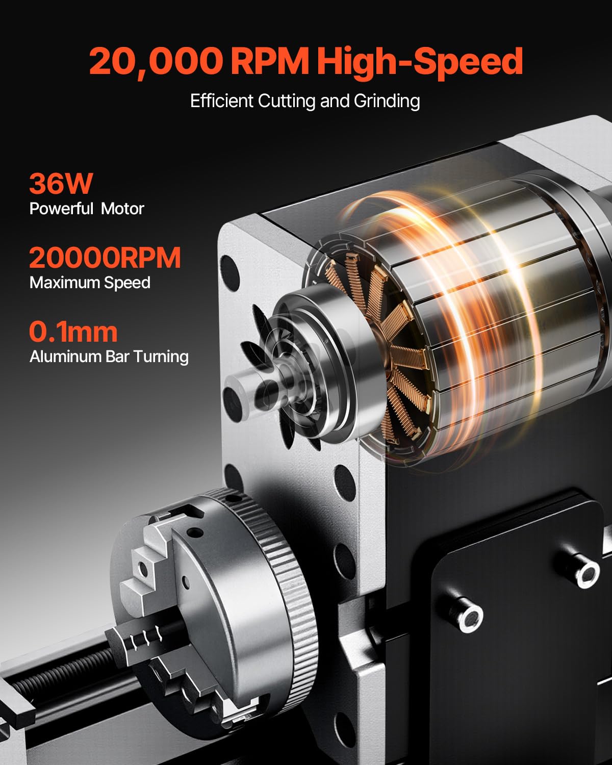 VEVOR Didactical Mini Metal Lathe Machine, 2.76 x 5.12 in, 36W Power Metal Lathe, 20,000 RPM Speed, with 3-jaw Chuck, Aluminum Alloy Handwheel, for Processing Precision Parts Soft Metals Wood Plastics VEVOR