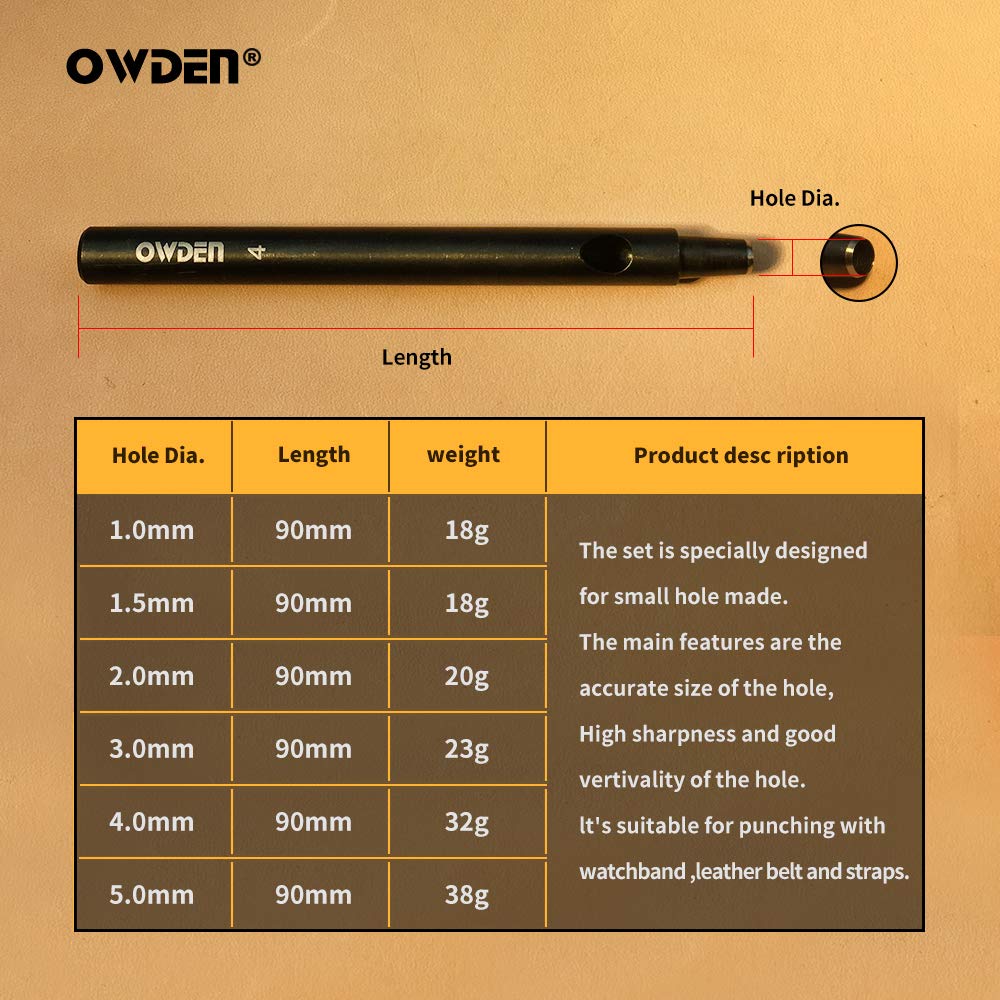 OWDEN Professional 6pc Leather Hollow Punch Set, Size 1.0-5.0mm, Black, Steel, Manual, 6 Holes, Free Mini Cutting Mat OWDEN