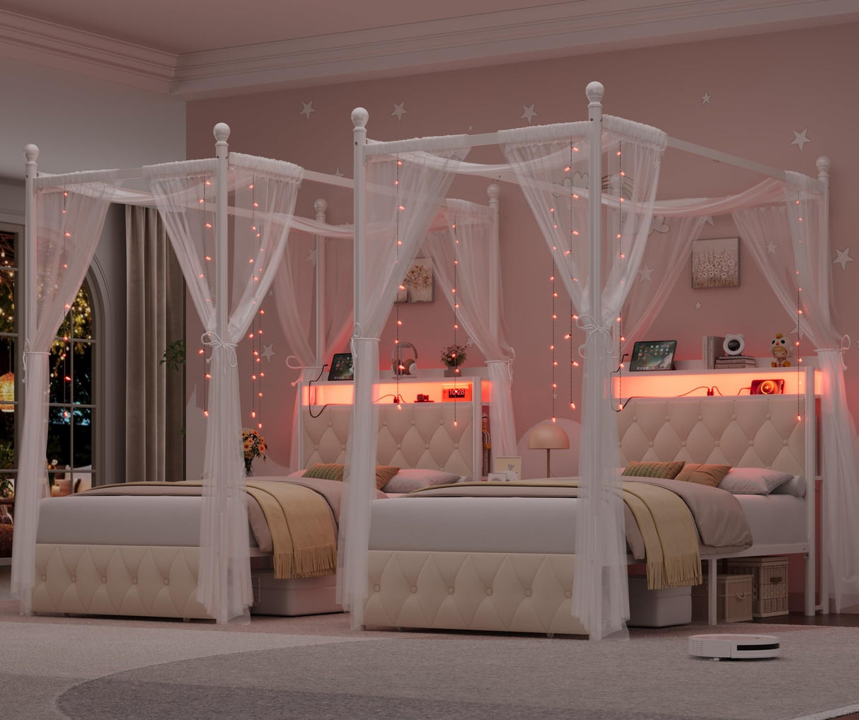 HIFIT Set of 2 Kids Twin Upholstered LED Canopy Bed Frame with Charging Station & Storage Drawer, Button Tufted Storage Headboard w/Bookshelf, Two-Use Girls Platform Bed frame w/4 Removable Post,Beige HIFIT