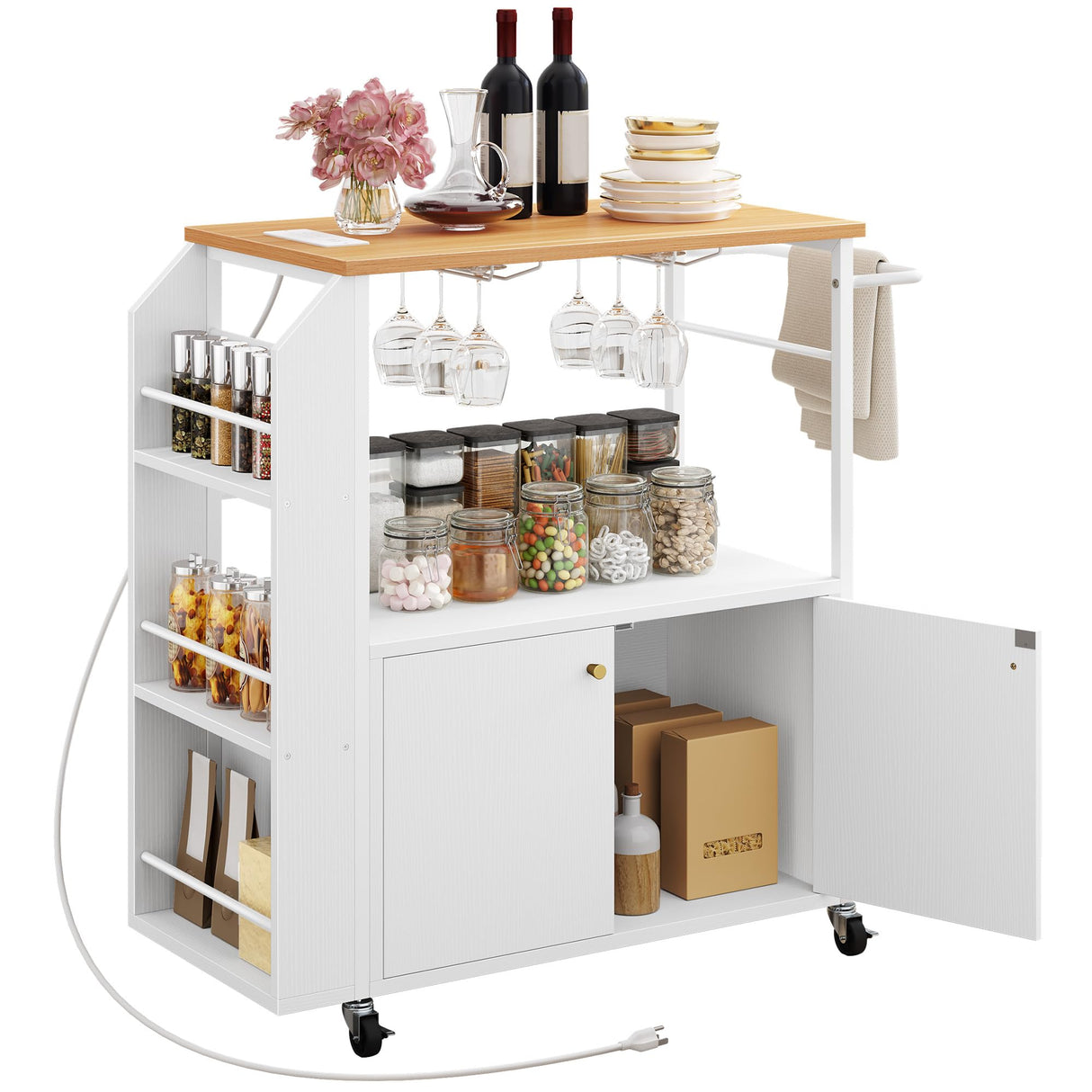 YITAHOME Kitchen Island Cart with Power Outlet, 33 Inch Mobile Kitchen Cart with Open Shelves, Rolling Portable Serving Utility Carts on Wheels with Storage for Kitchen, Dining Room, White YITAHOME