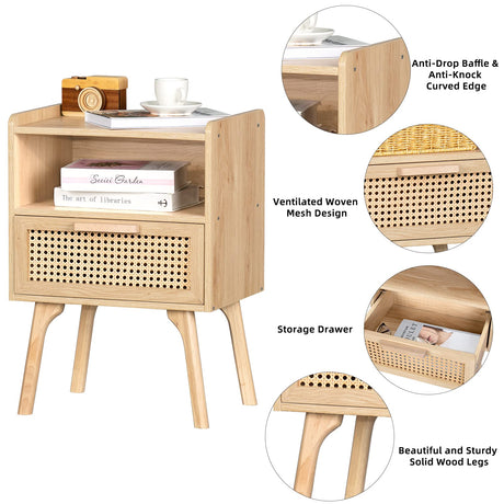 Lerliuo Rattan Nightstand, Boho Side Table with Drawer Open Shelf, Cane Accent Bedside End Table with Solid Wood Legs for Bedroom, Dorm and Small Spaces (Natural) Lerliuo