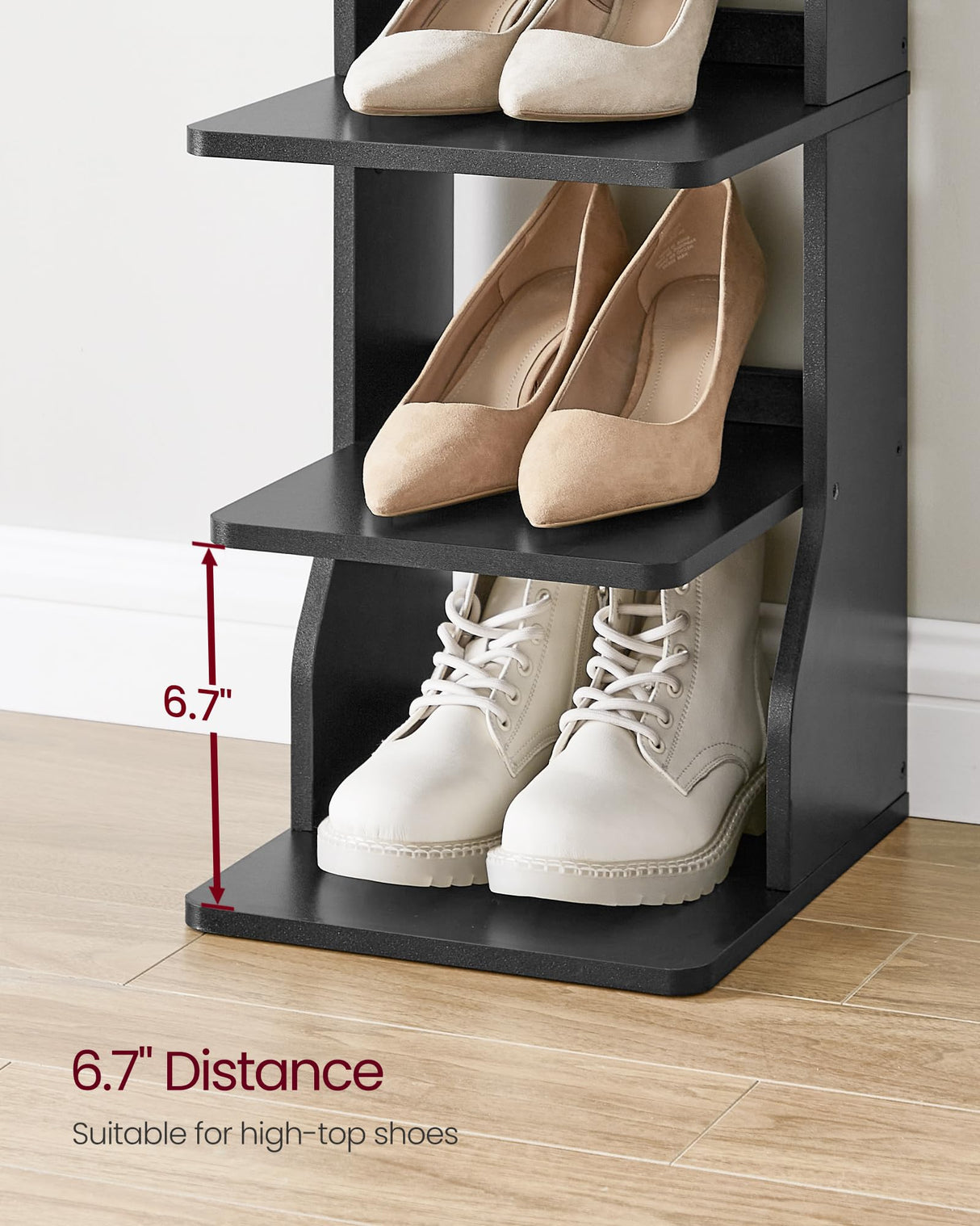 VASAGLE 7-Tier Vertical Shoe Rack, Narrow Shoe Storage Organizer with Hooks, Slim Corner Shoe Tower Rack, Space Saving for Entryway and Bedroom, Black ULBS200T16 VASAGLE