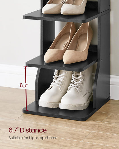 VASAGLE 7-Tier Vertical Shoe Rack, Narrow Shoe Storage Organizer with Hooks, Slim Corner Shoe Tower Rack, Space Saving for Entryway and Bedroom, Black ULBS200T16