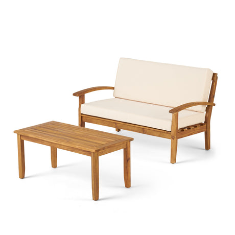 Christopher Knight Home Peyton Outdoor Acacia Wood Loveseat and Coffee Table Set with Water Resistant Cushions, Teak Finish / Beige Christopher Knight Home