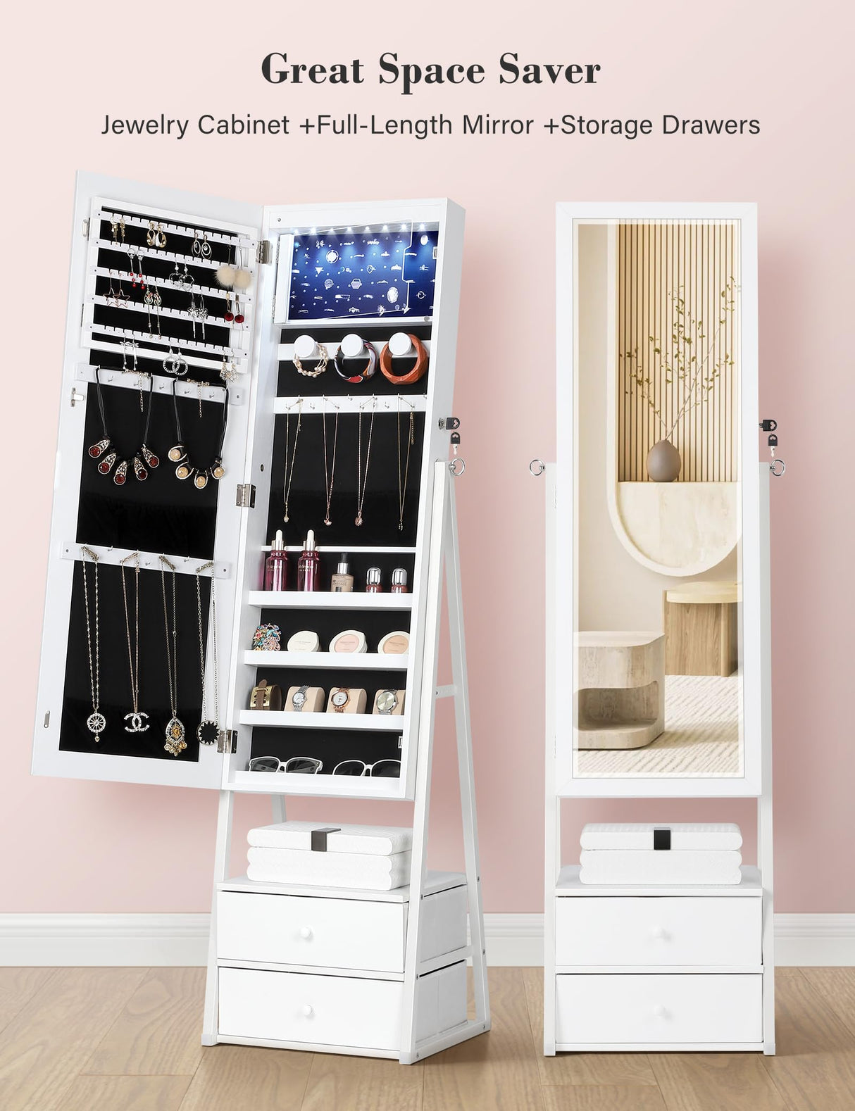 Nicetree Jewelry Cabinet Armoire with 2 Drawers, Lockable Standing Jewelry Mirror Cabinet, Full Length Mirror with Jewelry Storage, White Nicetree