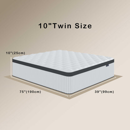 Tegeniss Twin Mattress, 10 Inch Innerspring Hybrid Mattress in a Box with Gel Memory Foam, Individually Wrapped Encased Coil Pocket Spring Mattress, Pressure Relief, Medium Firm Support,39"*75"*10"