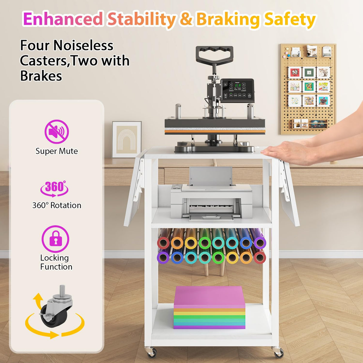 Foldable Heat Press Stand with Charging Station, 3 Tier Movable Heat Press Table with Vinyl Roll Holder, Heavy Duty Metal Shelf Cart for DIY Sublimation Transfer Machine and Printer, White knoworld