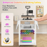 Foldable Heat Press Stand with Charging Station, 3 Tier Movable Heat Press Table with Vinyl Roll Holder, Heavy Duty Metal Shelf Cart for DIY Sublimation Transfer Machine and Printer, White knoworld