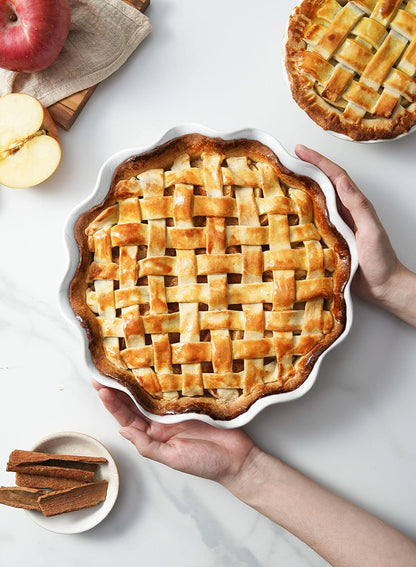 LE TAUCI Ceramic Pie Pans for Baking, 11 Inches Deep Dish Pie Plate for Apple Pie, Pot Pie, 48 Ounce Baking Dish with Ruffled Edge, Set of 2, White