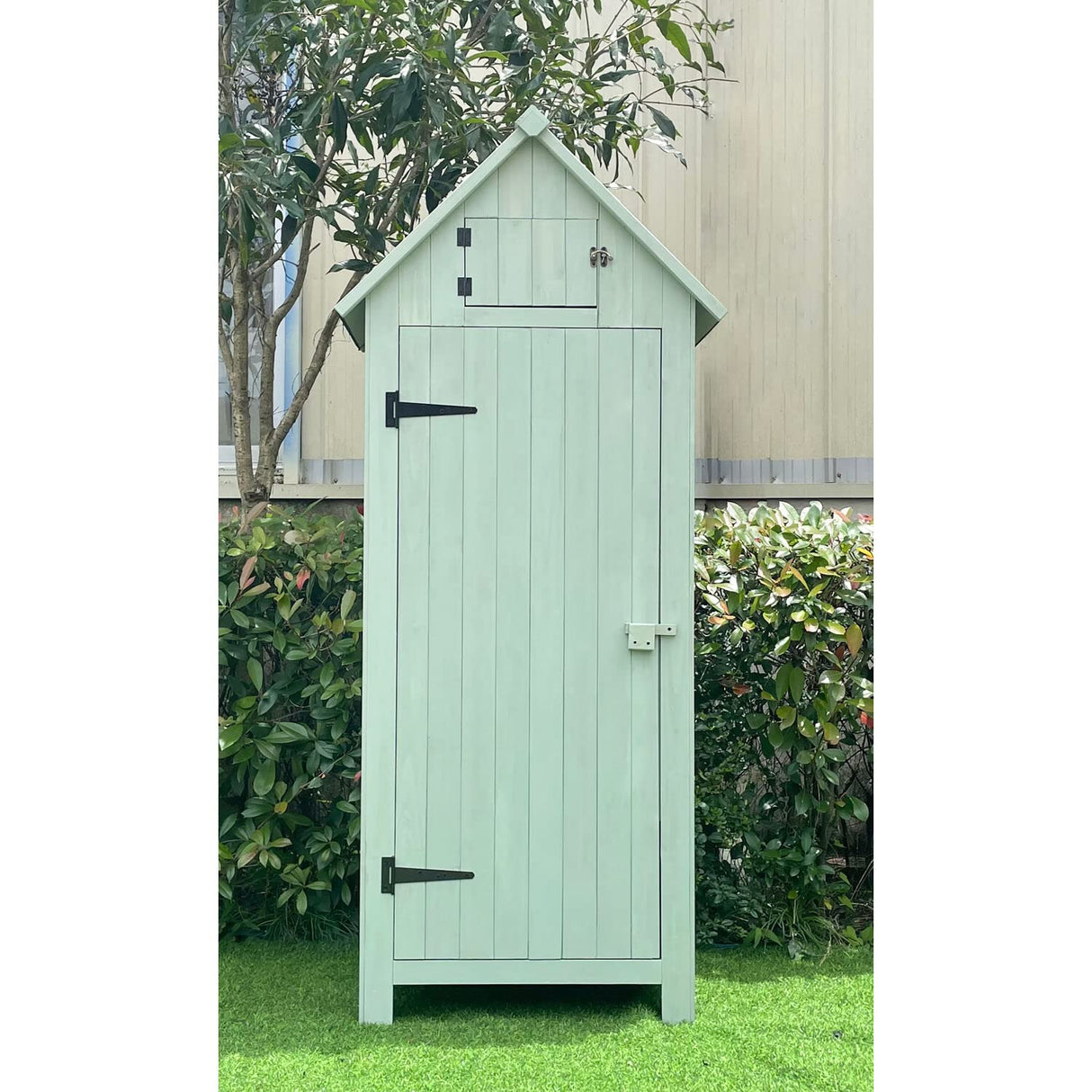 Hanover Outdoor Storage Shed with Shelves and Lock, 8.7 cu. ft. Capacity, Vertical Wood Shed for Tools, Equipment, and Garden Supplies, Modern Fir Wood Shed in Mint with Waterproof Roof and Floor Hanover