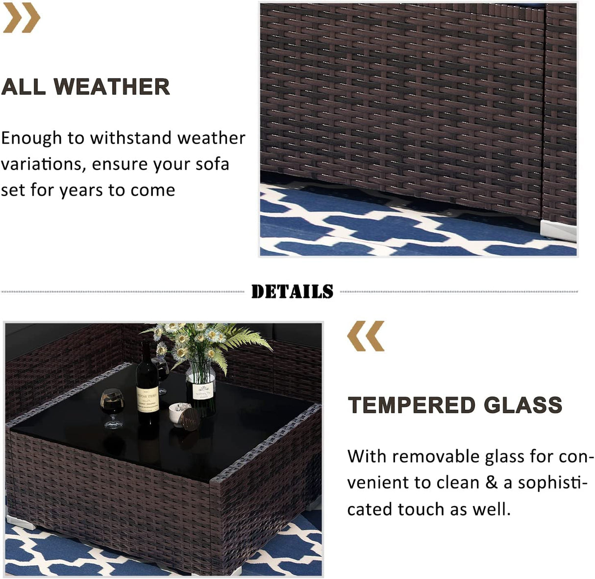 Vakollia 6 Pieces Patio Furniture Set with 44" Propane Gas Fire Pit Table, Outdoor Sectional Brown Rattan Wicker Conversation Sofa Sets with Coffee Table Vakollia