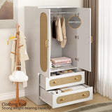 JZXSHD White Armoire Wardrobe Closet with Drawers, Rattan Wardrobe Cabinet with 2 Wood Door & Hanging Rail, Armoire Wardrobe Closet for Bedroom, Gym, Cloak Room JZXSHD