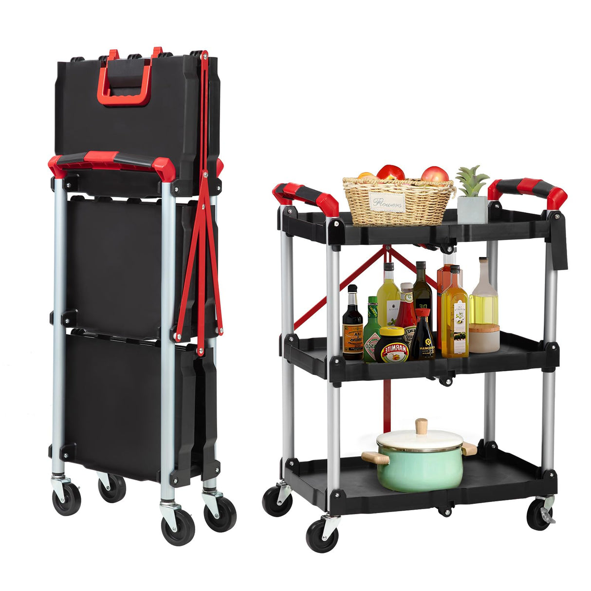 Foldable Utility Service Cart, 3 Shelf 168LBS Heavy Duty Plastic Rolling Cart with 360° Swivel Wheels (2 with Brakes), Ergonomic Handle, Portable Garage Tool Cart for Warehouse Office Home, Black PioneerWorks