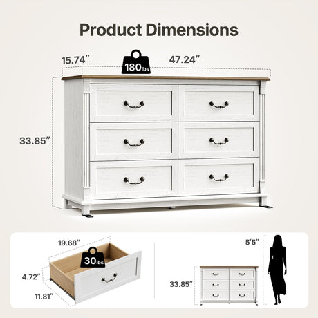 Amada Farmhouse 6 Drawers Dresser for Bedroom, 47" Wide Wood Rustic Chest of Drawers with Roman Column Design, Vintage Design, Large Storage Organizer for Bedroom, Living Room, Antique White and Brown AMADA HOMEFURNISHING