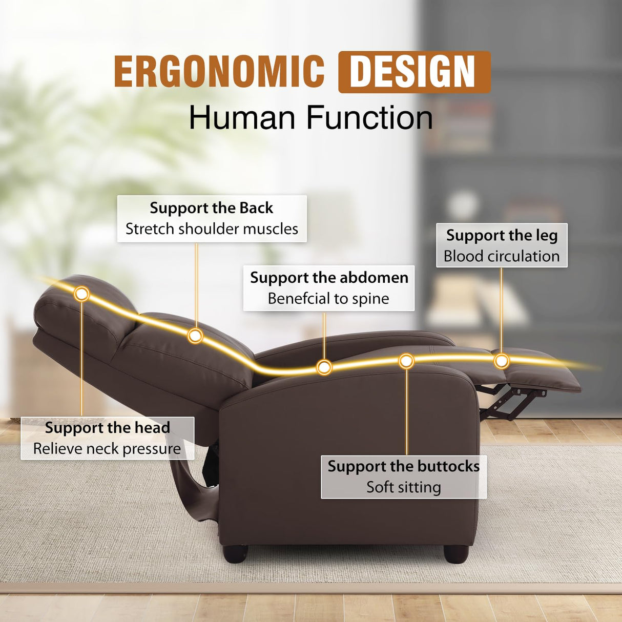 FDW Recliner Chair Single Reclining Sofa Leather Chair Home Theater Seating Living Room Lounge Chaise with Padded Seat Backrest (Brown) FDW