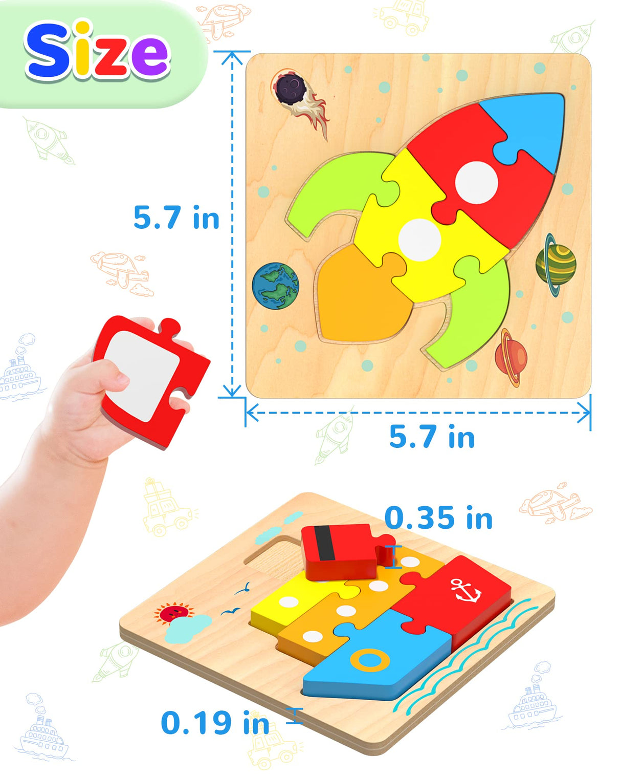 Yetonamr Wooden Toddler Puzzles Gifts Toys for 1 2 3 Years Old Boys Girls, 6 Vehicle Shape Montessori Toys Educational Blocks Kids Toys Gift Baby Learning Toy Age 1-3, 2-4 Yetonamr