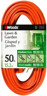 Woods Light Duty Extension Cord, 50Ft, 16 Gauge, 3 Conductor, General Purpose Cord, SJTW, Orange, 0268 Woods