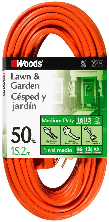 Woods Light Duty Extension Cord, 50Ft, 16 Gauge, 3 Conductor, General Purpose Cord, SJTW, Orange, 0268 Woods