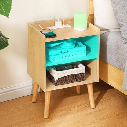 LAKEMID Night Stand with Charger Station, Bedside Table with LED Lights, Side Table with Fast USB-C Port, Nightstand with Solid Wood Feet, Small End Table for Bedroom, Living Room, Natural - WoodArtSupply