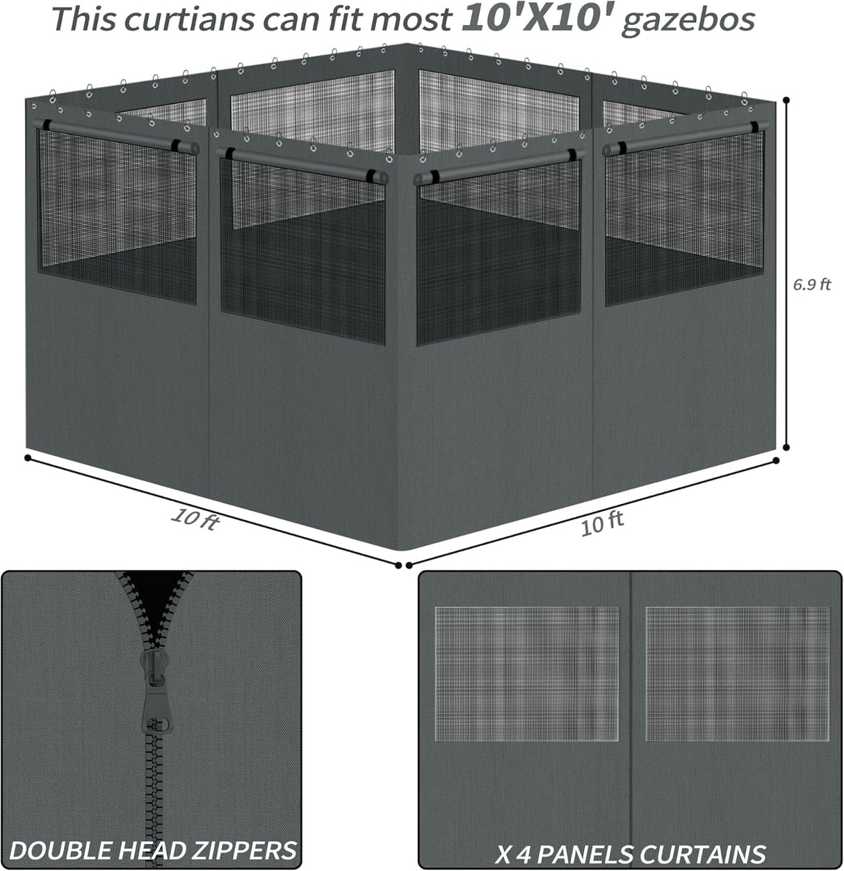 aonear Gazebo Privacy Curtains 10' x 12' with Mosquito Windows, 4-Panels Side Wall with Zipper Universal Replacement for Patio, Outdoor Canopy, Garden and Backyard, Gray (Curtain Only) aonear