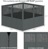 aonear Gazebo Privacy Curtains 10' x 12' with Mosquito Windows, 4-Panels Side Wall with Zipper Universal Replacement for Patio, Outdoor Canopy, Garden and Backyard, Gray (Curtain Only) aonear