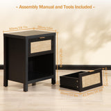SICOTAS Rattan Night Stands Set of 2, Farmhouse Nightstand Bedside Table with Drawer and Storage Shelf, Boho End Side Table for Bedroom, Small Space, Black Oak SICOTAS