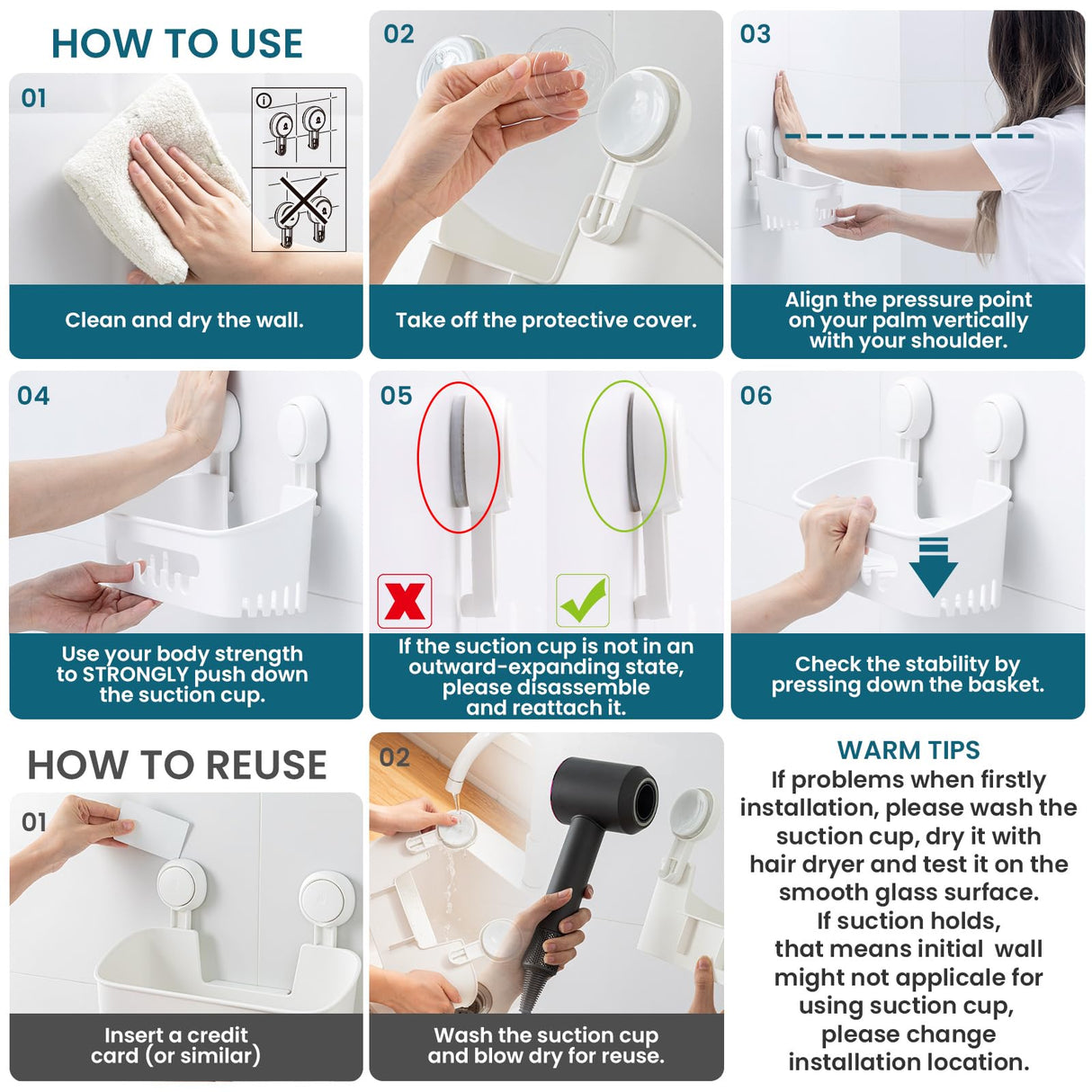 TAILI Shower Caddy Suction Cup 2 Pack, Heavy Duty Bathroom Organizer, Removable Shelves for Inside Shower, Shampoo, Waterproof Suction Plastic Storage for Bathroom Accessories Holder, White TAILI