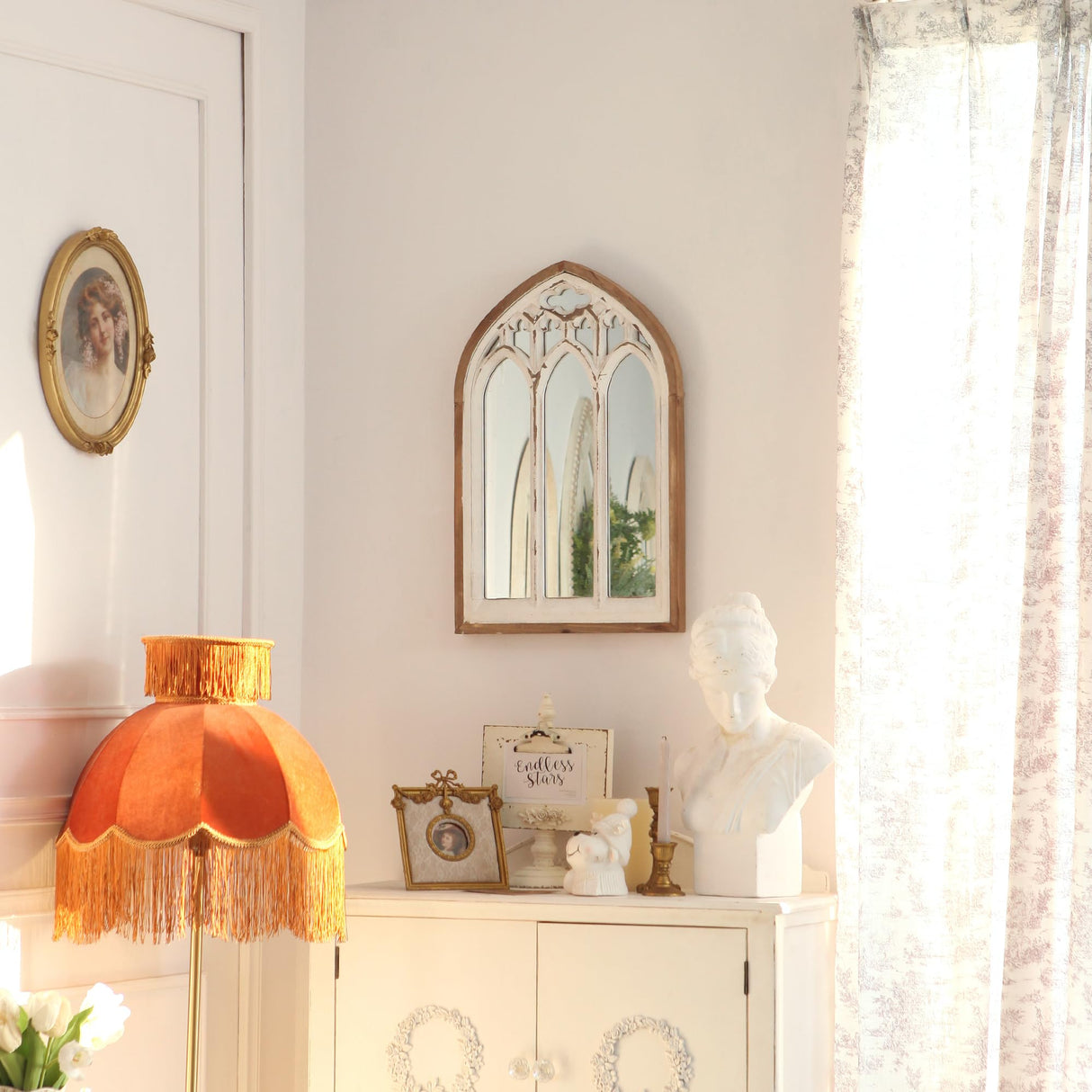 Synovana Arch Window Wall Mirror - Farmhouse Cathedral Wall Decor with Wooden Frame for Entryway Hallway Living Room - 16.14" x 1.38" x 25.2" Synovana