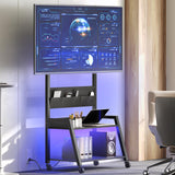 YATINEY Rolling TV Stand with Power Outlet, Mobile TV Stand with LED Light Up to 55" TVs, TV Cart with Mount, 5 Oxford Fabric Pouches, for Living Room, Meeting Room, Black DS01UDBB YATINEY